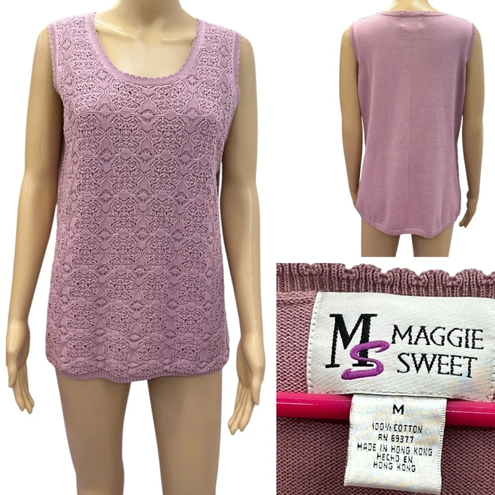 Vintage Cotton Maggie Sweet Sleeveless Knit Scalloped Scoop Neck Top Womens M